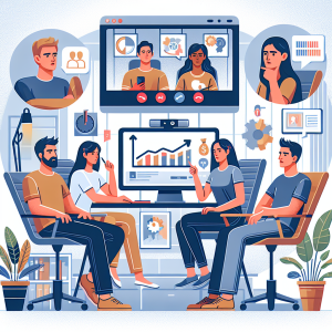 Illustration of Team on video call in a Home office setting, with a focused mood.
