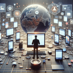 Illustration of person managing messages from devices in a global network map setting, with a determined mood.