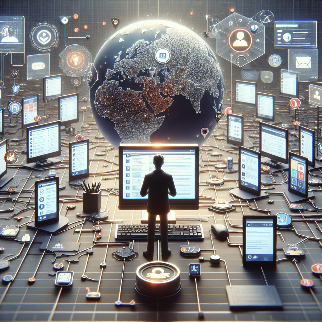 Illustration of person managing messages from devices in a global network map setting, with a determined mood.