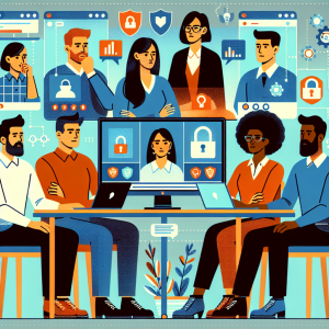 Illustration of Team on video call in a Home office setting, with a focused mood.