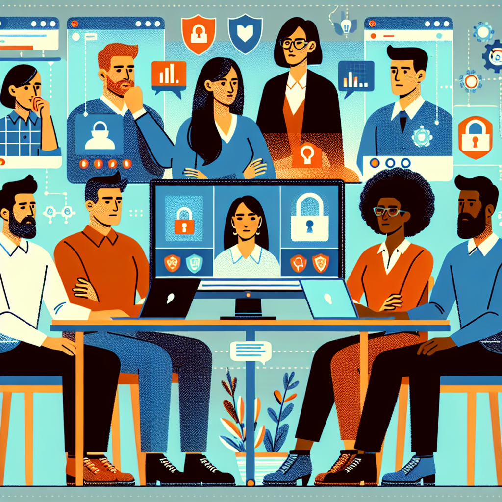 Illustration of Team on video call in a Home office setting, with a focused mood.