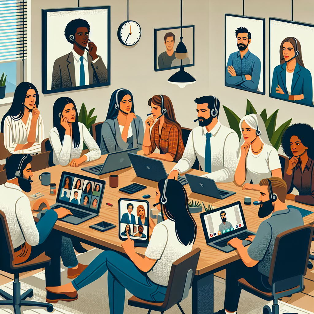 Illustration of Team on video call in a Home office setting, with a focused mood.