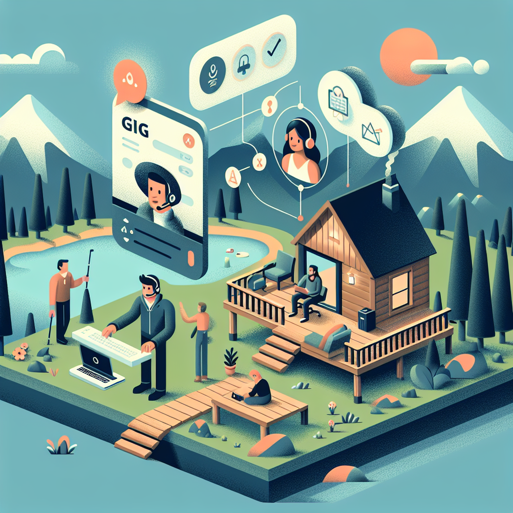 Illustration of Agent using XAPP interface with headset in a Nature retreat (mountain/lake cabin setup) setting, with a focused mood.