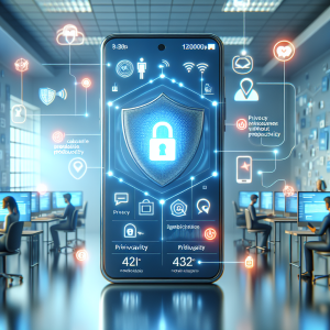 Illustration of Privacy shield icon over smartphone in a High-tech smart office setting, with a relaxed mood.