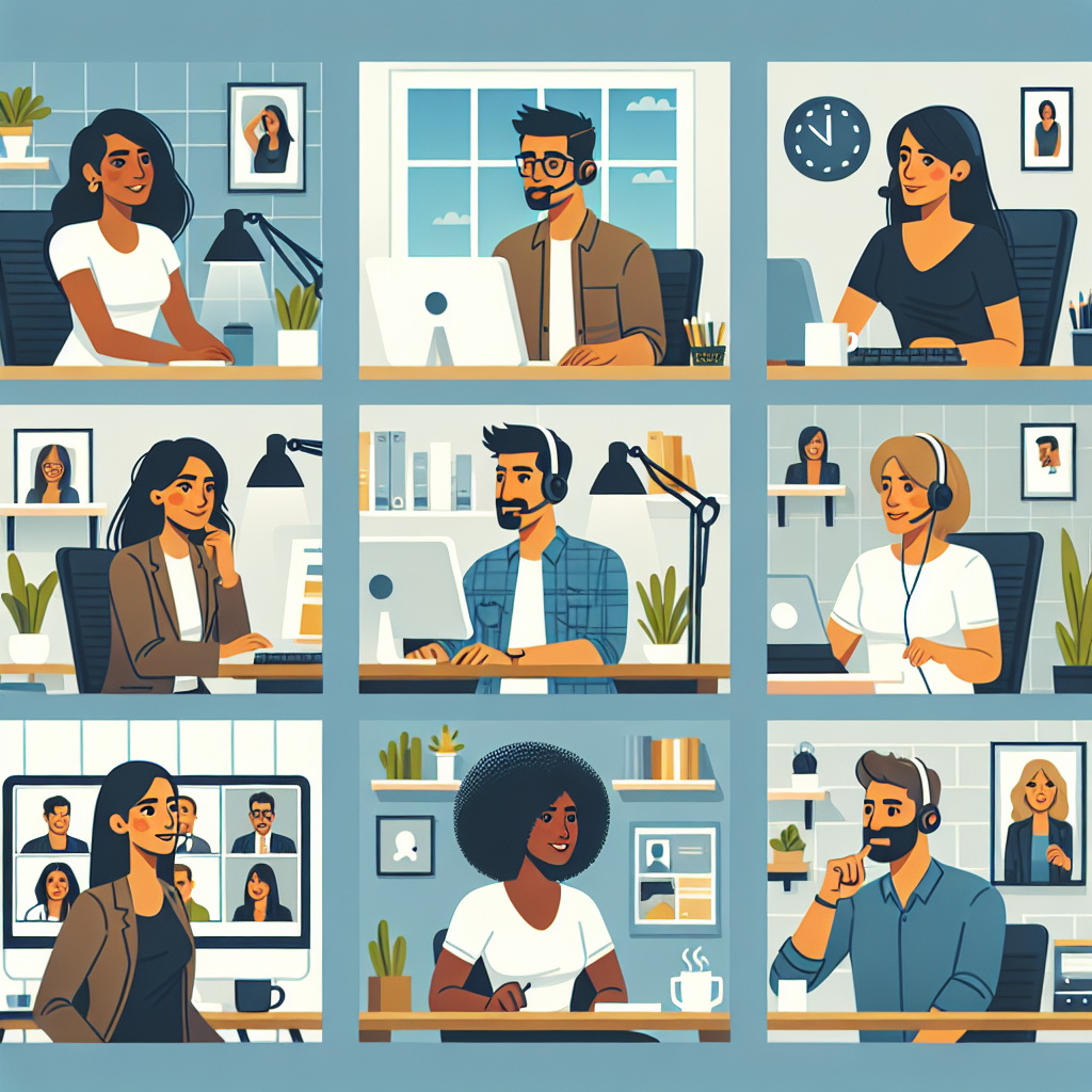 Illustration of Team on video call in a Home office setting, with a focused mood.