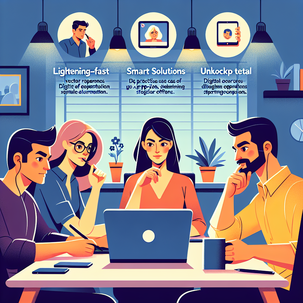 Illustration of Team on video call in a Home office setting, with a focused mood.