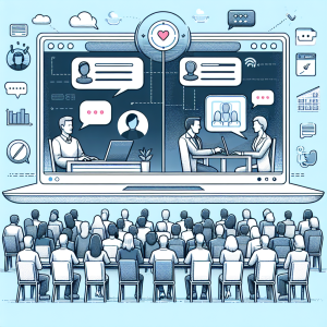 Illustration of Split screen with personal and work chats in a Online webinar/event backdrop setting, with a focused mood.