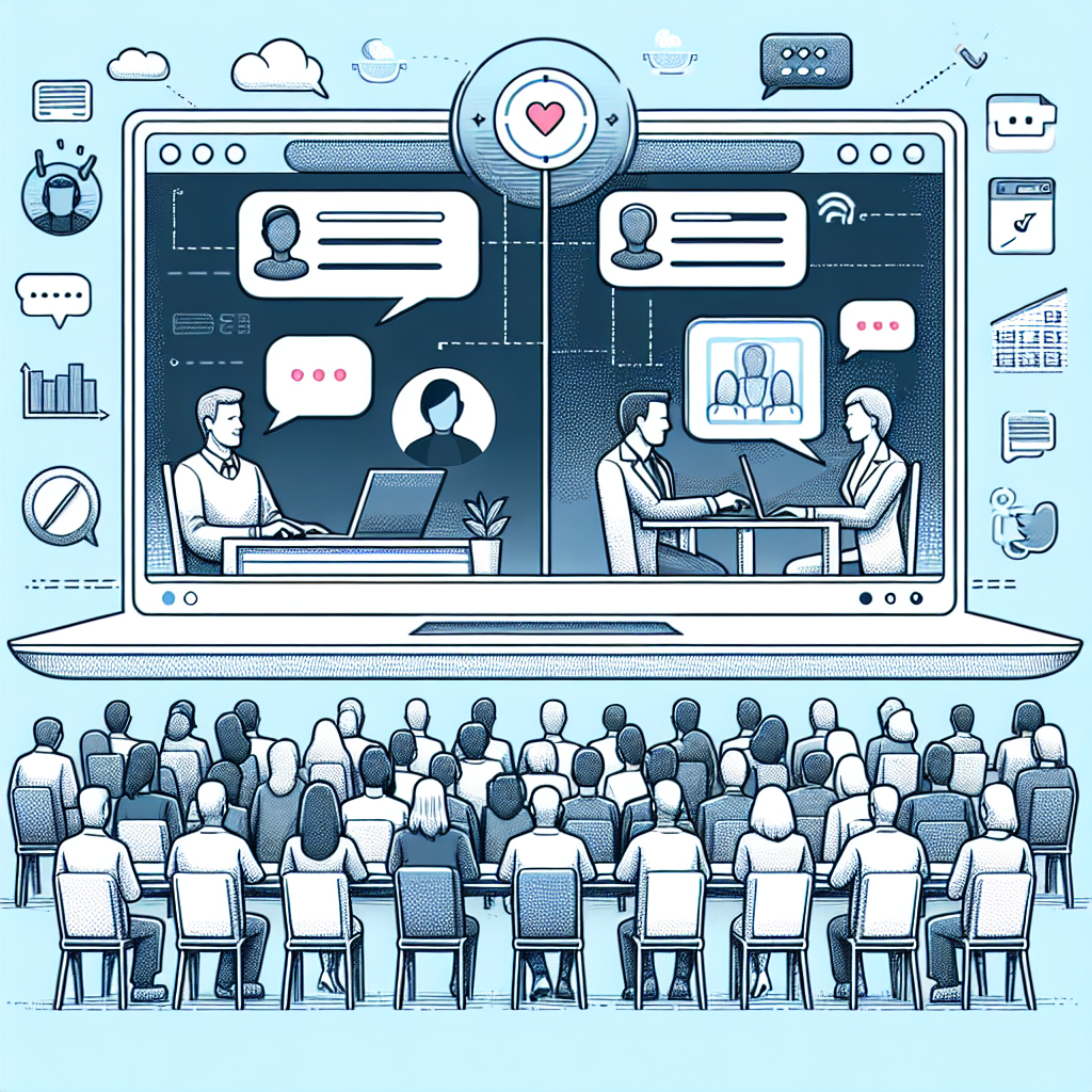 Illustration of Split screen with personal and work chats in a Online webinar/event backdrop setting, with a focused mood.
