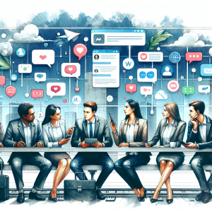 Illustration of Business team collaborating via messaging apps in a train table) setting, with a inspired mood.