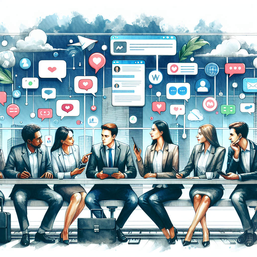 Illustration of Business team collaborating via messaging apps in a train table) setting, with a inspired mood.