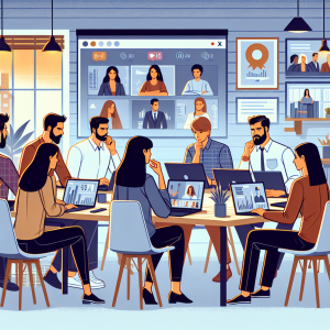 Illustration of Team on video call in a Home office setting, with a focused mood.