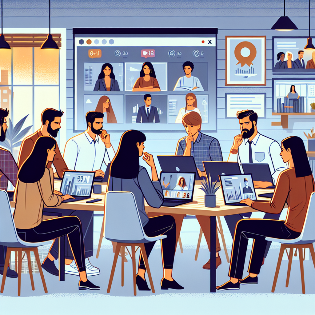 Illustration of Team on video call in a Home office setting, with a focused mood.