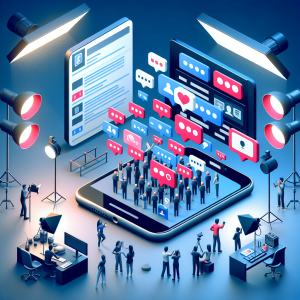 Illustration of Close-up of phone with chat bubbles and notifications in a Content creation studio (lights setting, with a focused mood.