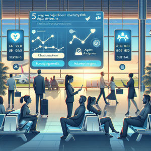 Illustration of Dashboard with chat queue and agent assignment in a Travel setting (airport lounge setting, with a focused mood.