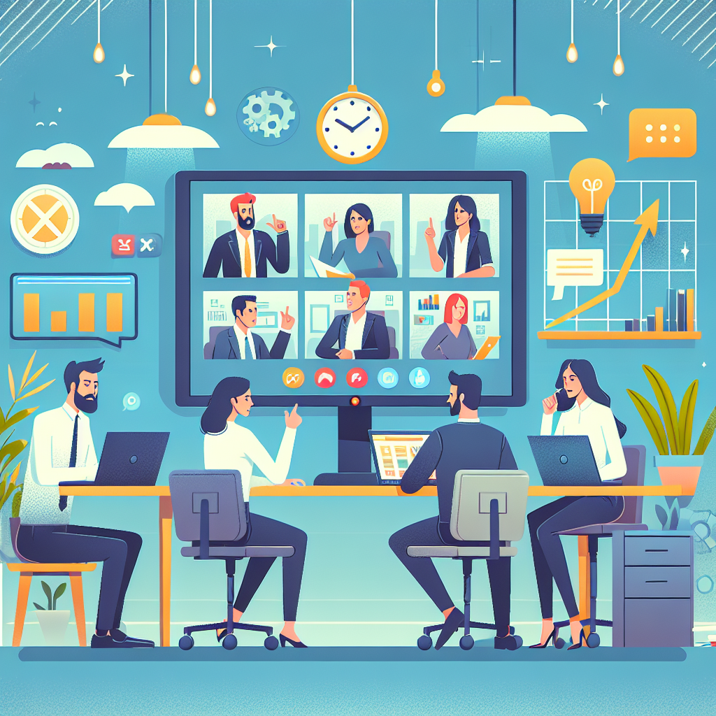 Illustration of Team on video call in a Home office setting, with a focused mood.