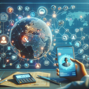 Illustration of virtual phone number concept on screen in a global network map setting, with a focused mood.