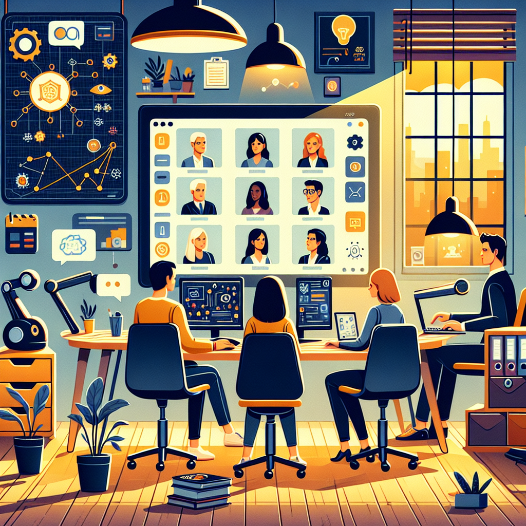 Illustration of Team on video call in a Home office setting, with a focused mood.