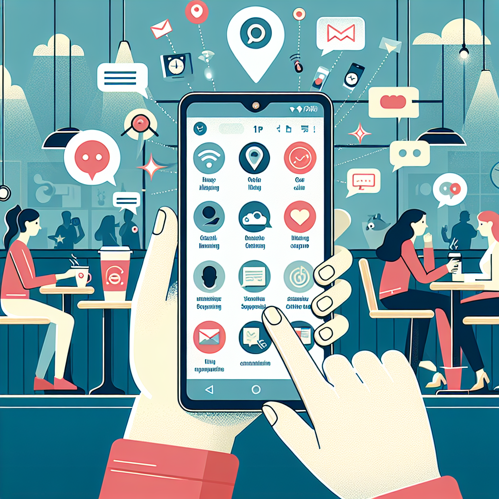 Illustration of smartphone with messaging apps open in a coffee shop setting setting, with a focused mood.