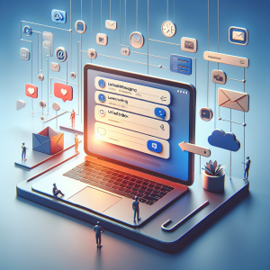 Illustration of laptop displaying unified inbox in a minimal app interface setting, with a creative mood.