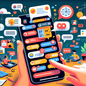 Illustration of Close-up of phone with chat bubbles and notifications in a mic setting, with a creative mood.