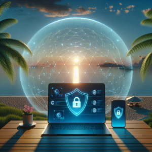 Illustration of Privacy shield icon over smartphone in a Beach with laptop setting, with a inspired mood.