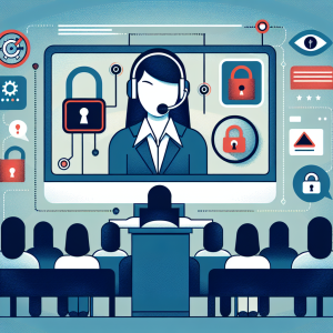 Illustration of Agent using XAPP interface with headset in a Online webinar/event backdrop setting, with a focused mood.