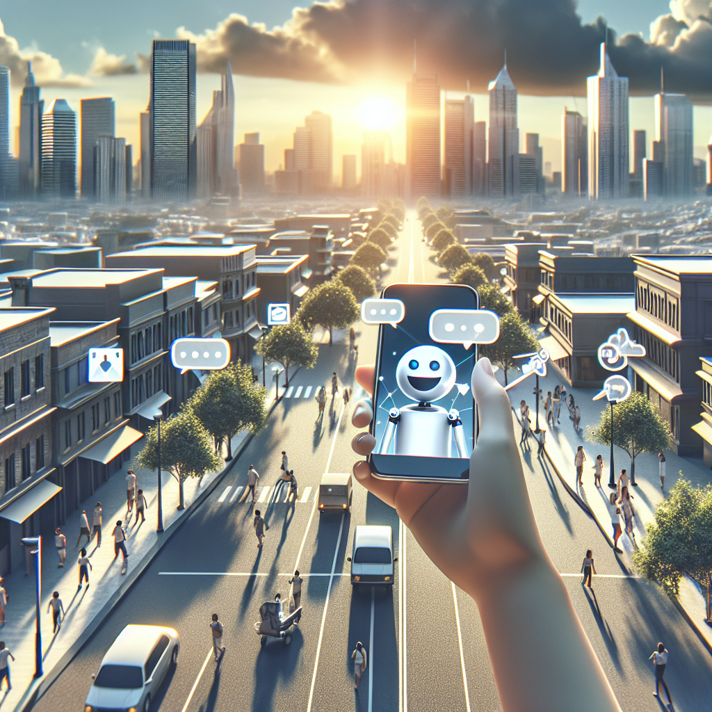 Illustration of Chatbot icon assisting user on phone screen in a Urban street view setting, with a happy mood.