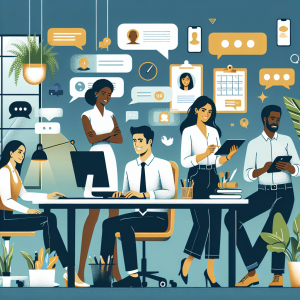 Illustration of Business team collaborating via messaging apps in a Desk with planner and plants setting, with a relaxed mood.