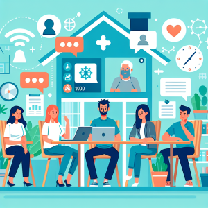 Illustration of Team on video call in a Home office setting, with a focused mood.