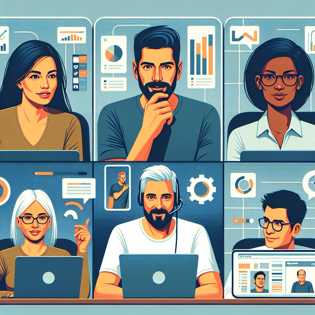 Illustration of Team on video call in a Home office setting, with a focused mood.