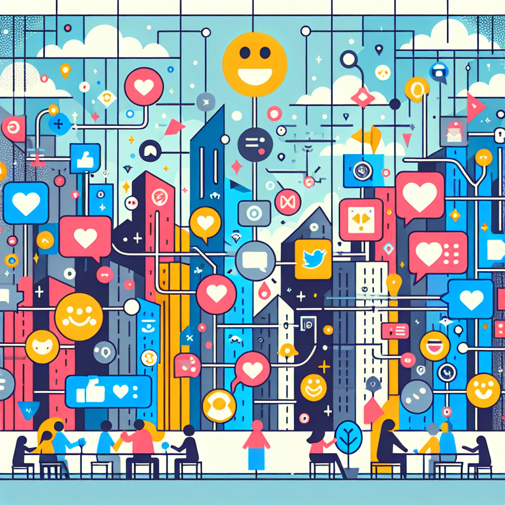 Illustration of Abstract background showing interconnected chat platforms in a Cityscape through window setting, with a happy mood.