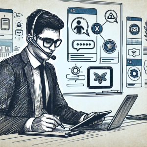 Illustration of Agent using XAPP interface with headset in a Whiteboard brainstorming area setting, with a determined mood.