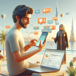 Illustration of Person holding smartphone showing virtual phone number in a Beach with laptop setting, with a inspired mood.
