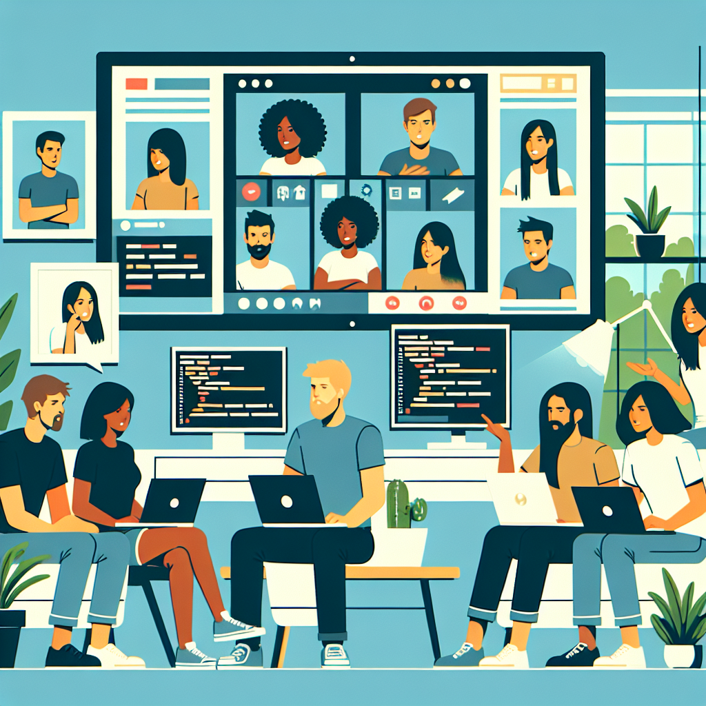 Illustration of Team on video call in a Home office setting, with a focused mood.