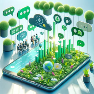 Illustration of Close-up of phone with chat bubbles and notifications in a Green setting, with a focused mood.