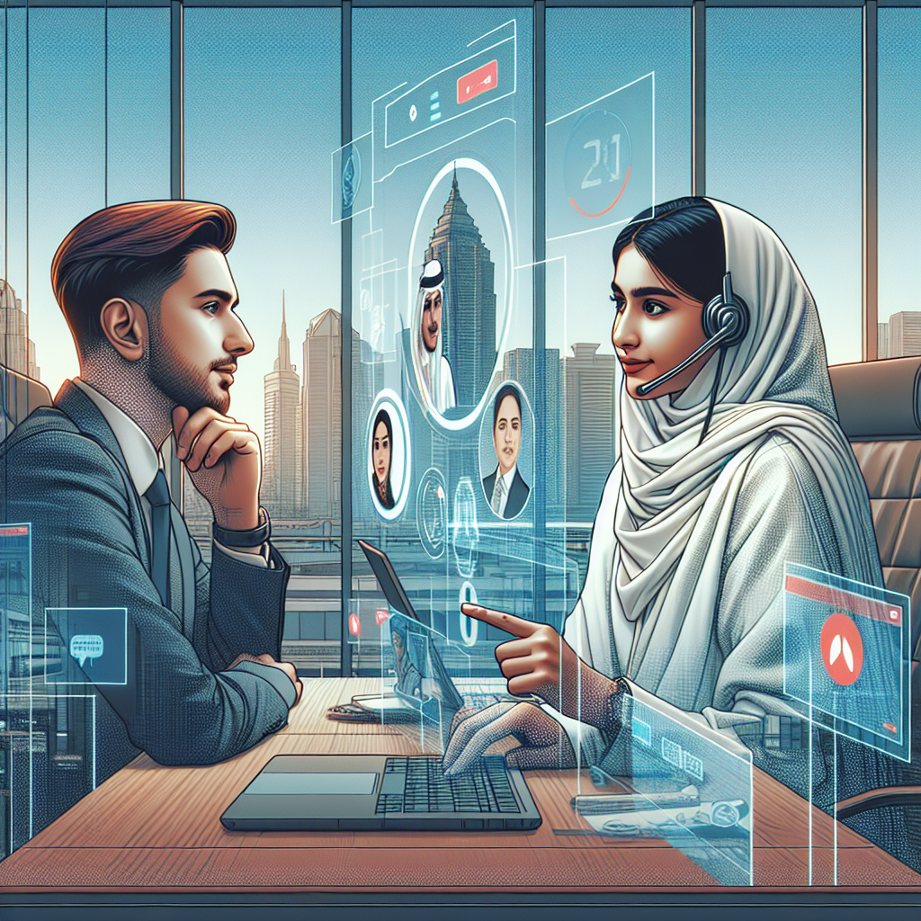 Illustration of Virtual assistant in video call with client in a Cityscape through window setting, with a determined mood.