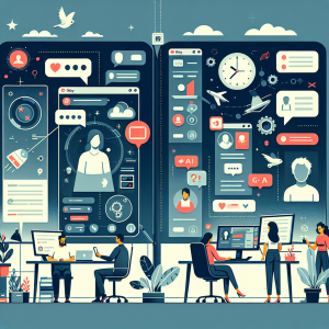 Illustration of Split screen with personal and work chats in a High-tech smart office setting, with a determined mood.