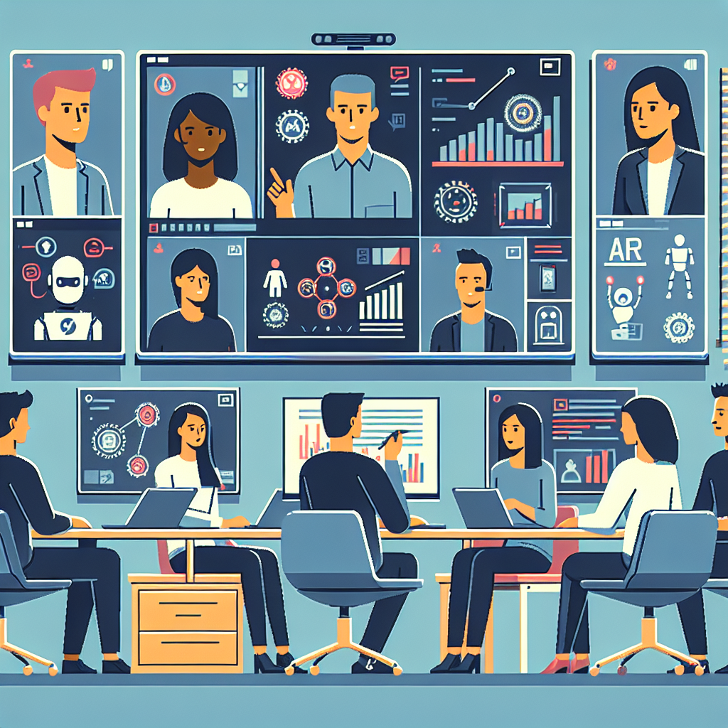 Illustration of Team on video call in a Home office setting, with a focused mood.