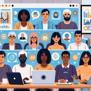 Illustration of Team on video call in a Home office setting, with a focused mood.