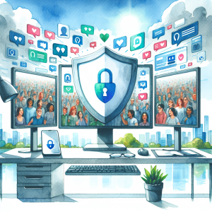 Illustration of Privacy shield icon over smartphone in a Desktop with multiple monitors setting, with a happy mood.