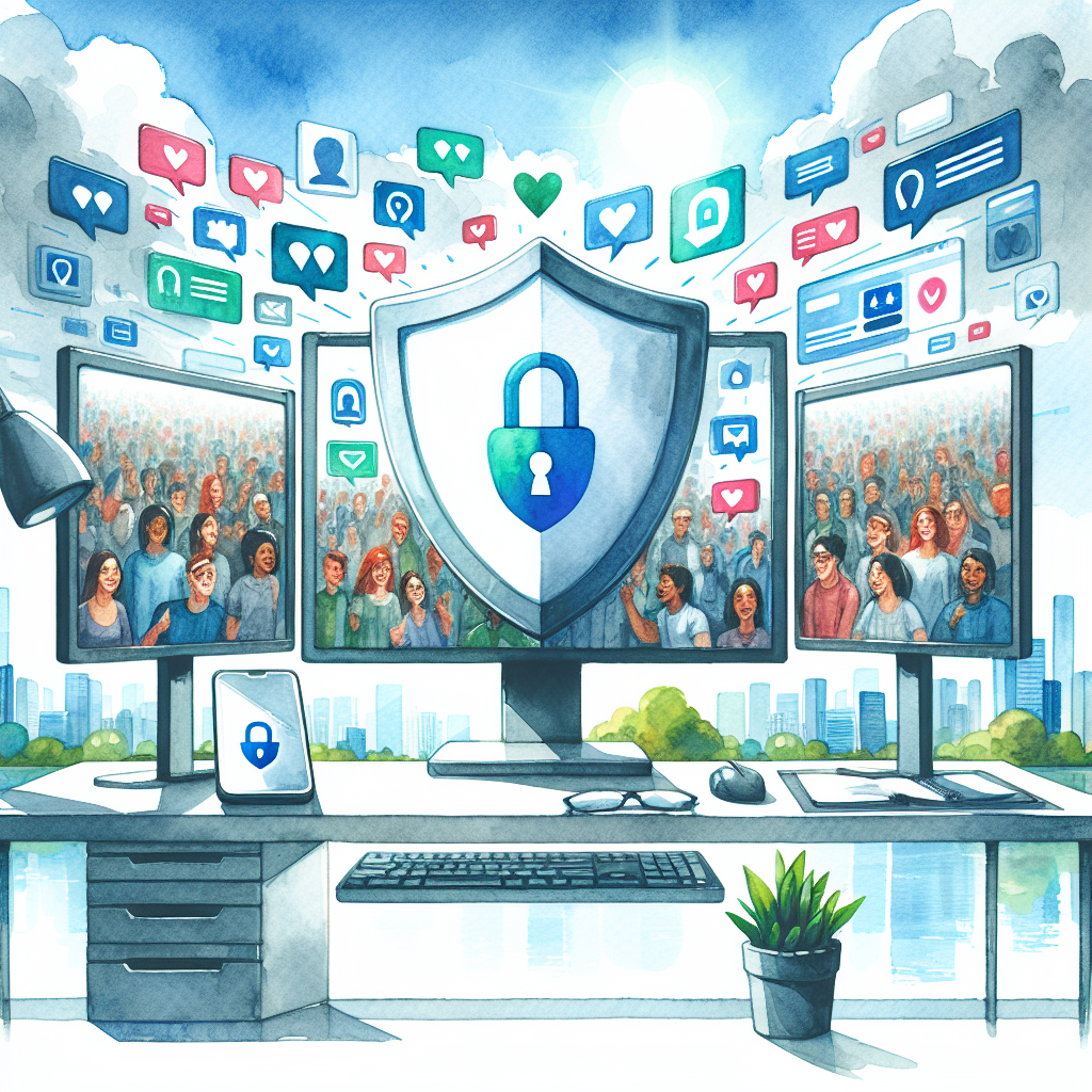 Illustration of Privacy shield icon over smartphone in a Desktop with multiple monitors setting, with a happy mood.