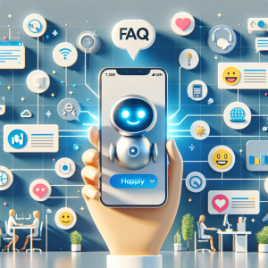 Illustration of Chatbot icon assisting user on phone screen in a High-tech smart office setting, with a happy mood.