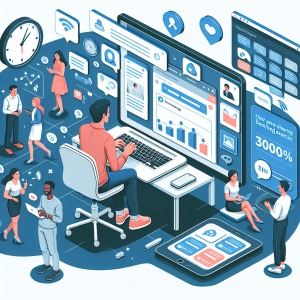 Illustration of Freelancer using laptop with messaging dashboard in a Desktop with multiple monitors setting, with a relaxed mood.