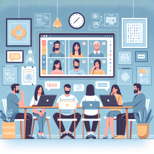 Illustration of Team on video call in a Home office setting, with a focused mood.
