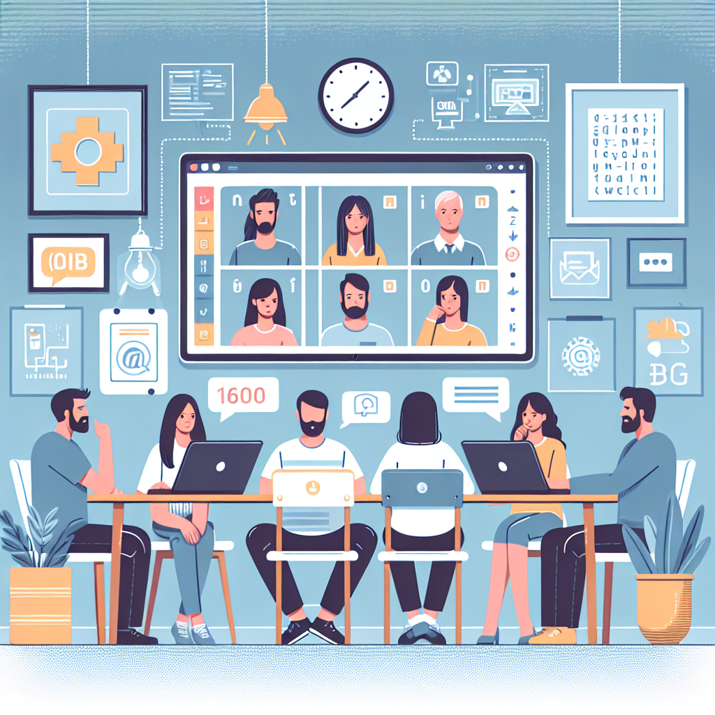 Illustration of Team on video call in a Home office setting, with a focused mood.