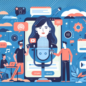 Illustration of Chatbot icon assisting user on phone screen in a mic setting, with a creative mood.