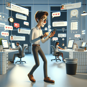 Illustration of user texting with multiple chat bubbles in a modern workspace setting, with a focused mood.