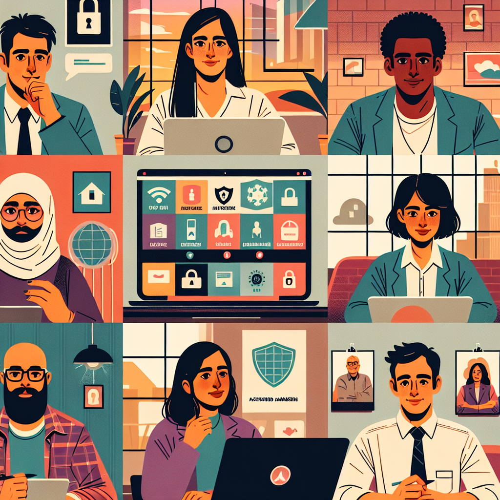 Illustration of Team on video call in a Home office setting, with a focused mood.