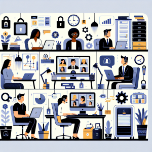 Illustration of Team on video call in a Home office setting, with a focused mood.