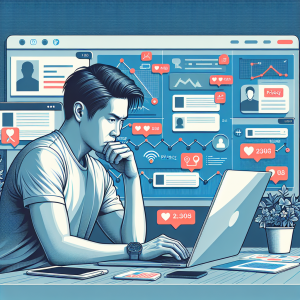 Illustration of Freelancer using laptop with messaging dashboard in a Digital workspace with screens setting, with a relaxed mood.